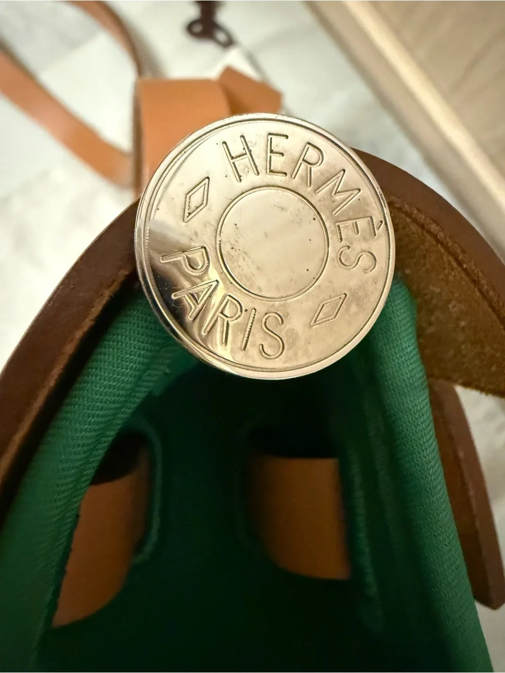 HERMES Green Canvas and Tan Leather Top-Handle Bag